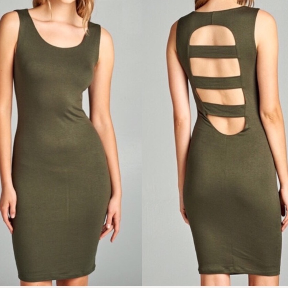 NWT Olive Green Strappy Open Back Body-con Knee Length Dress Small Medium Large - Picture 1 of 5