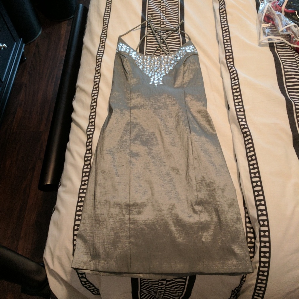 Gray dress, corser back, jeweled top