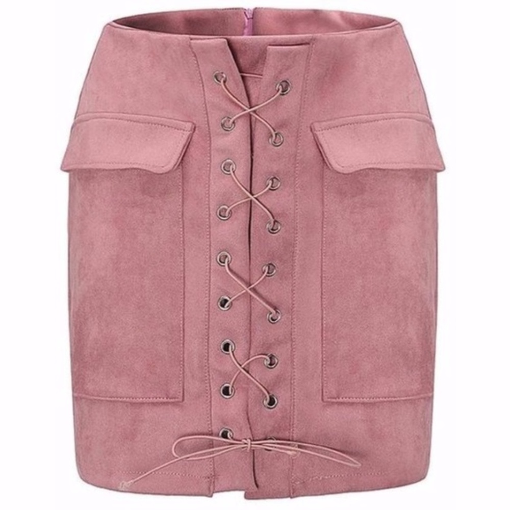 Faux Suede Mini Skirt Pink Laced Up - Picture 2 of 3