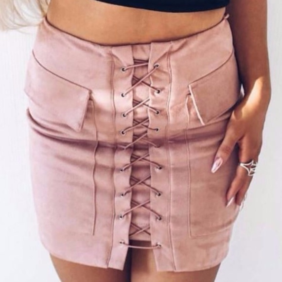 Dresses & Skirts - Faux Suede Mini Skirt Pink Laced Up
