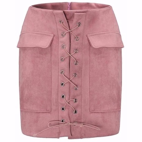 Faux Suede Mini Skirt Pink Laced Up - Picture 2 of 3