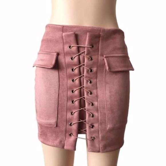 Faux Suede Mini Skirt Pink Laced Up - Picture 3 of 3