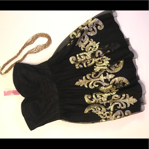 # Gorgeous Adrianna Papell Strapless Black Tulle Short Dress With Gold Sequins - Picture 2 of 8