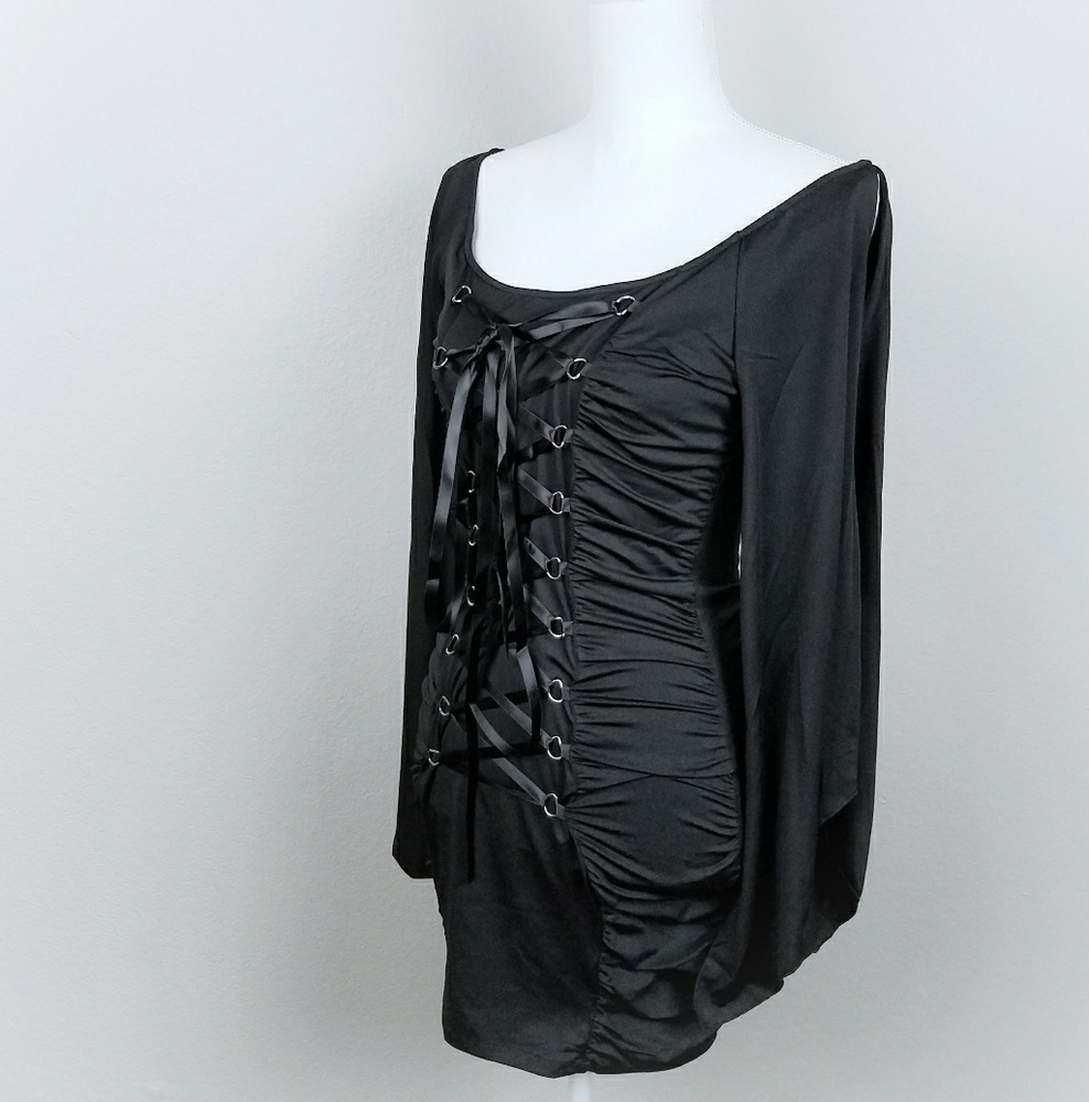Black Ribbon Corset Lace Up Gothic Dress Witchy S - Picture 5 of 8