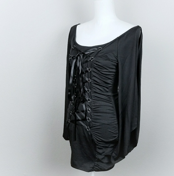 Black Ribbon Corset Lace Up Gothic Dress Witchy S - Picture 5 of 8