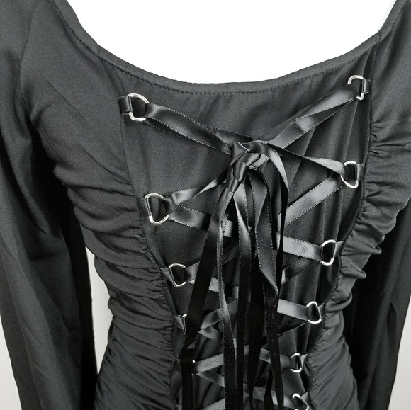 Black Ribbon Corset Lace Up Gothic Dress Witchy S - Picture 7 of 8