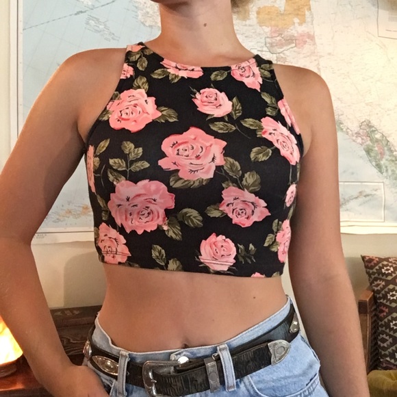 Forever 21 Tops - Black Floral Highneck Crop Top
