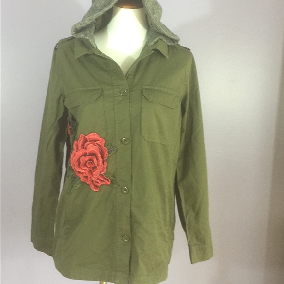 NWT Trendy Green Rose Patch Hooded Utility Jacket - Picture 3 of 6