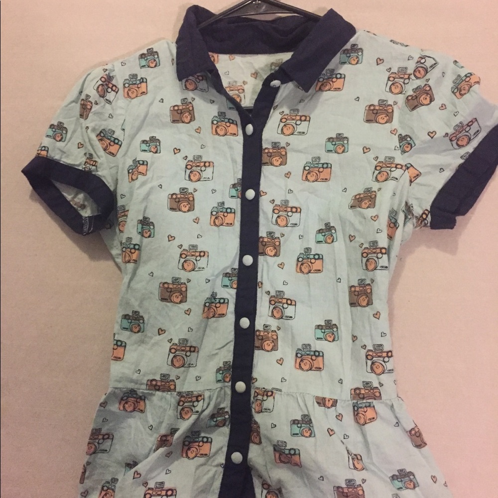 Pastel blue ruffle peplum button up collar blouse