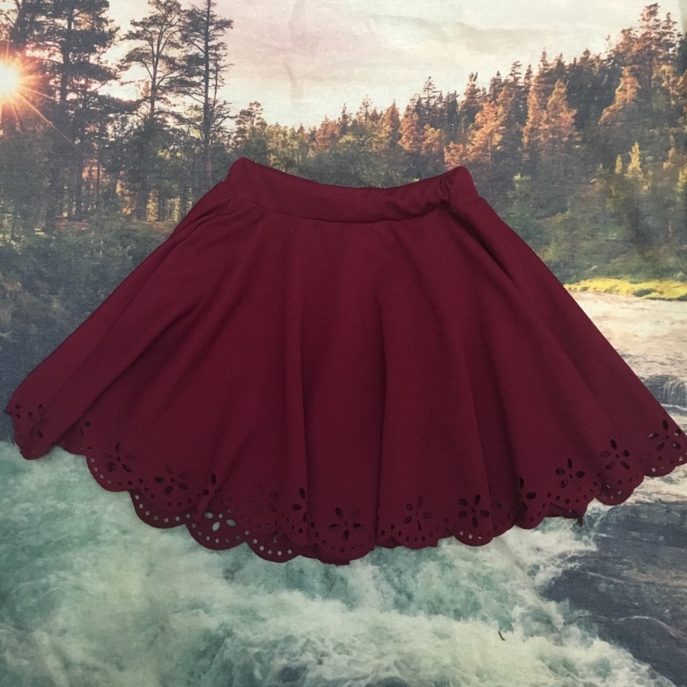 MAROON SKATER SKIRT WITH CUT OUT FLORAL DETAILING