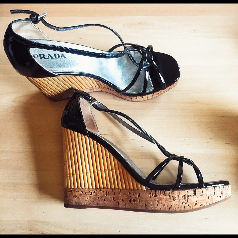 Prada Bamboo Patent Leather Wedges