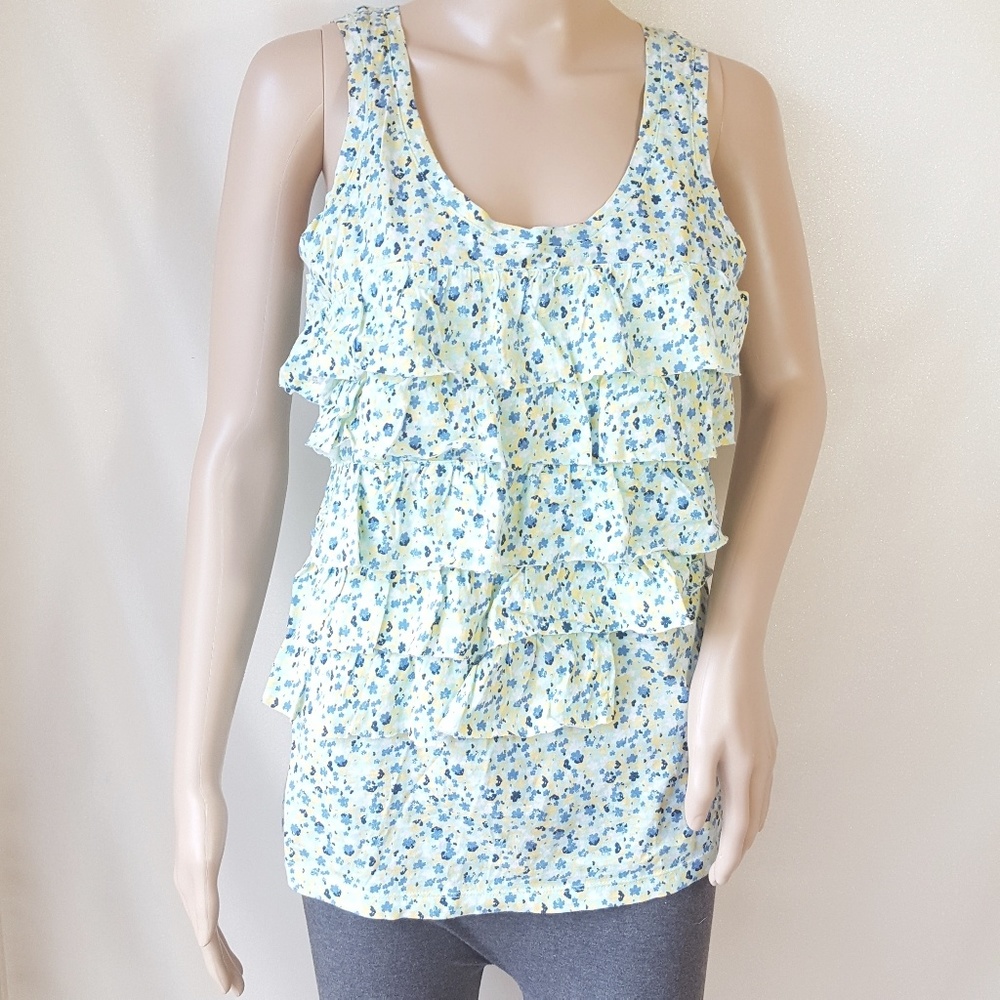Womens Blouse Sz S White Blue Green Floral Ruffle