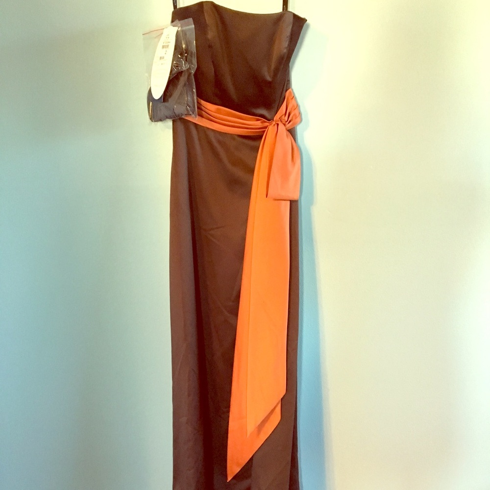 Long formal gown in choc brown w dark orange sash