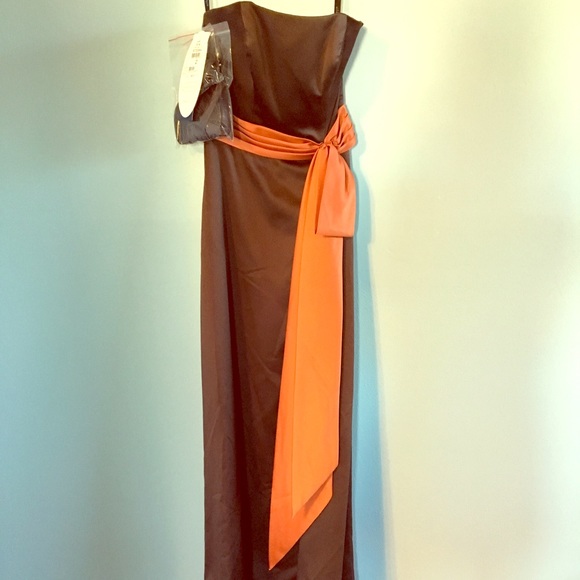 Long formal gown in choc brown w dark orange sash - Picture 1 of 5