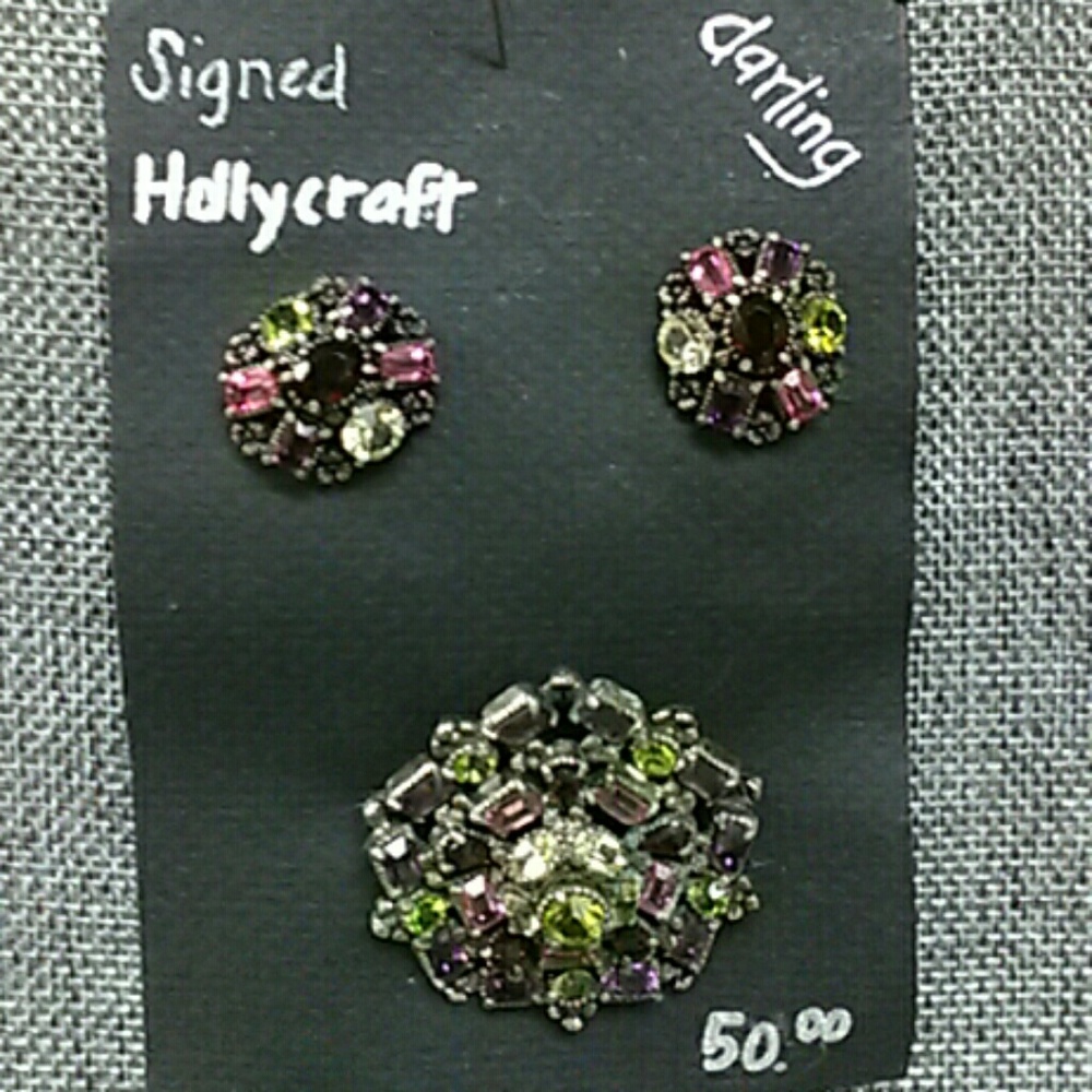 Signed antique brooch and earrings set