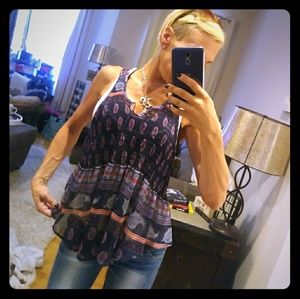 Navy tank top with paisley print & tassles.