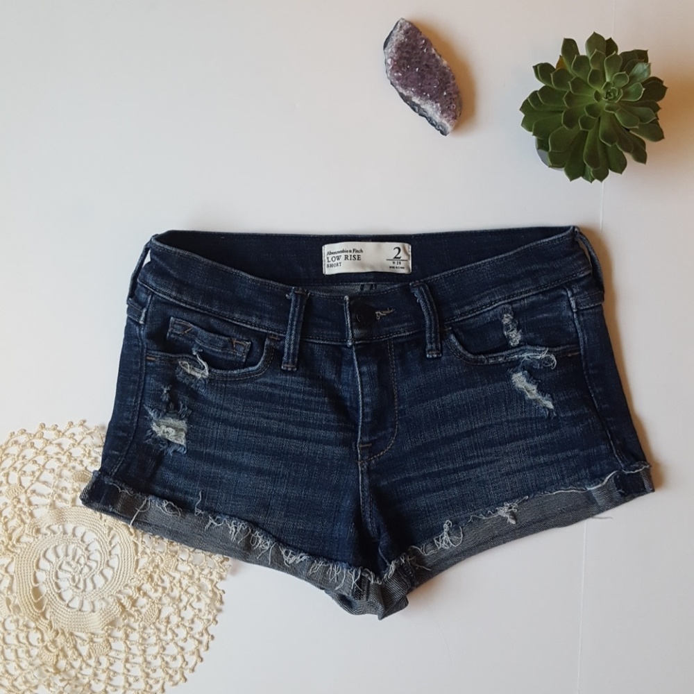 A&f dark blue denim wash jean cut off distressed