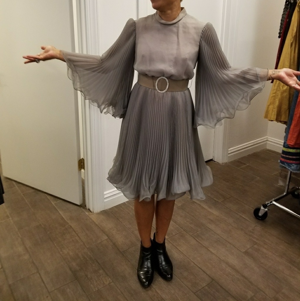 Vintage grey dress pleated 1970s