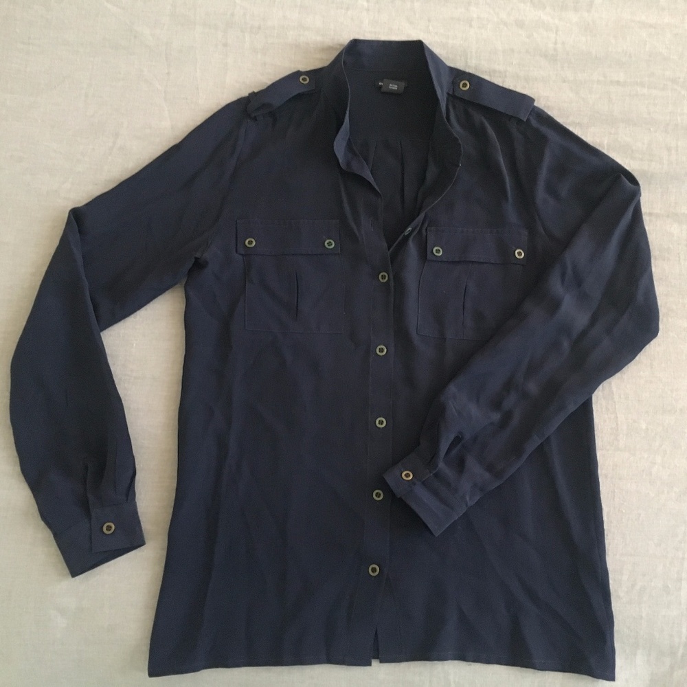 Club Monaco Navy Silk Button Up Shirt XS