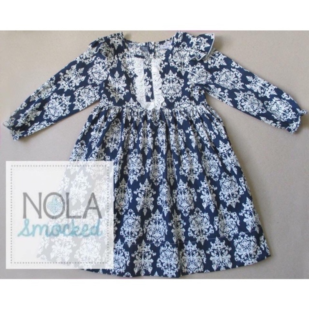 Navy damask longsleeve pinafore dress