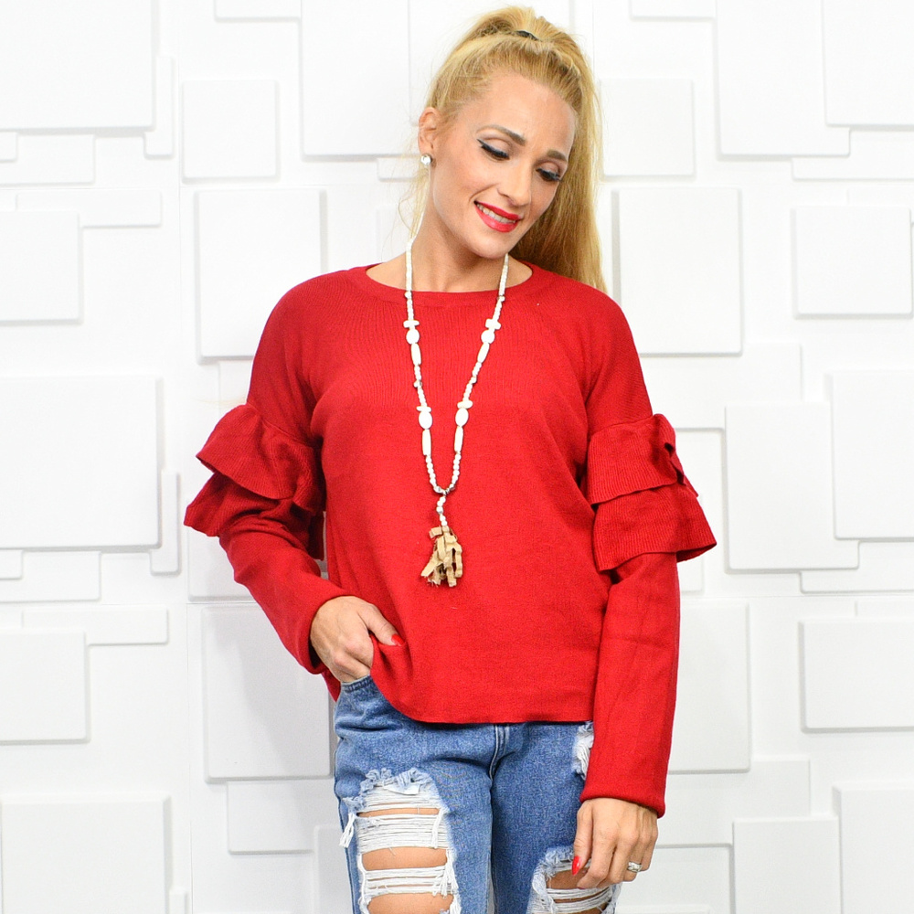 RED SWEATER WITH RUFFLE DETAIL - Picture 1 of 4