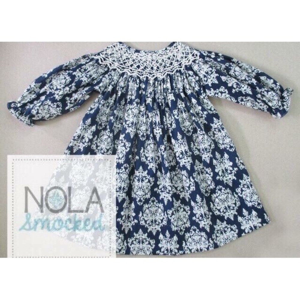 Navy damask smocked bishop dress