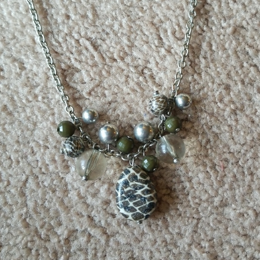Silver, green, and brown stone necklace