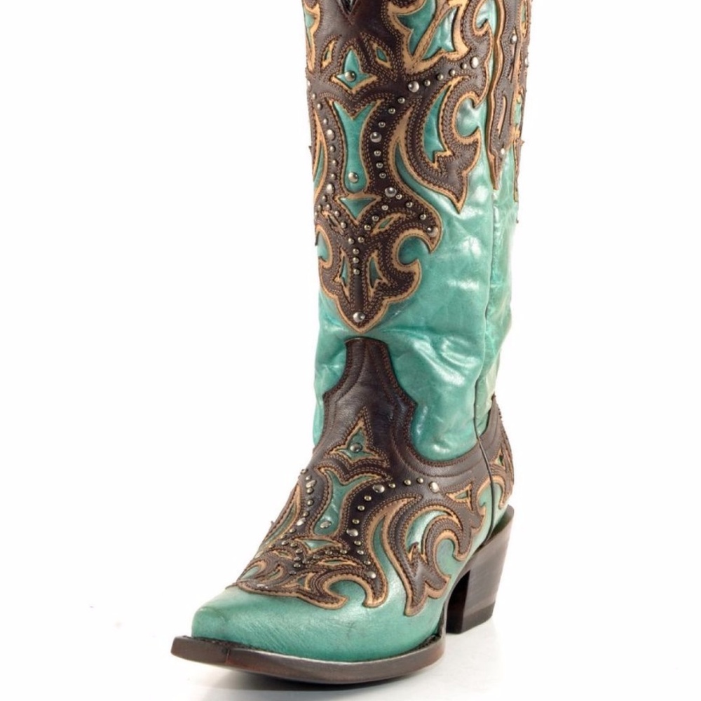 Turquoise Chocolate Inlay and Studs Boots by Corra