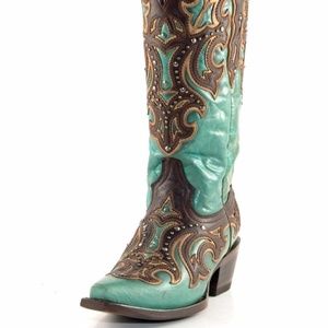 Turquoise Chocolate Inlay and Studs Boots by Corra