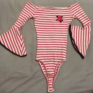 Flare Sleeve Off the Shoulder Ribbed Bodysuit