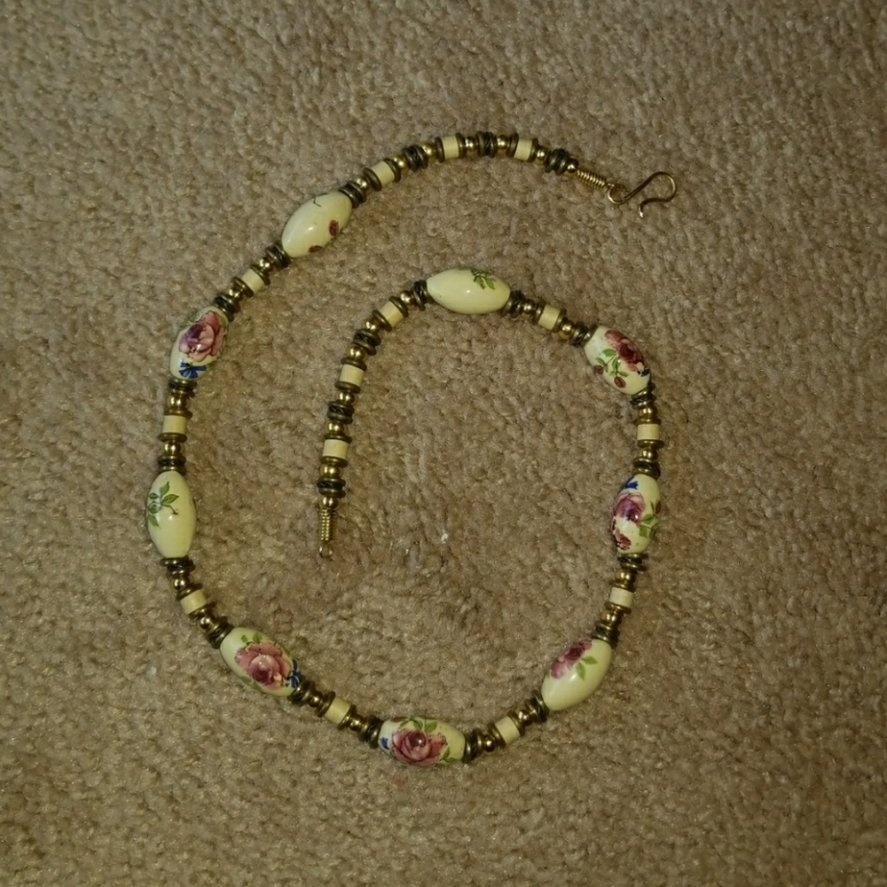 Vintage ivory painted beads and gold links