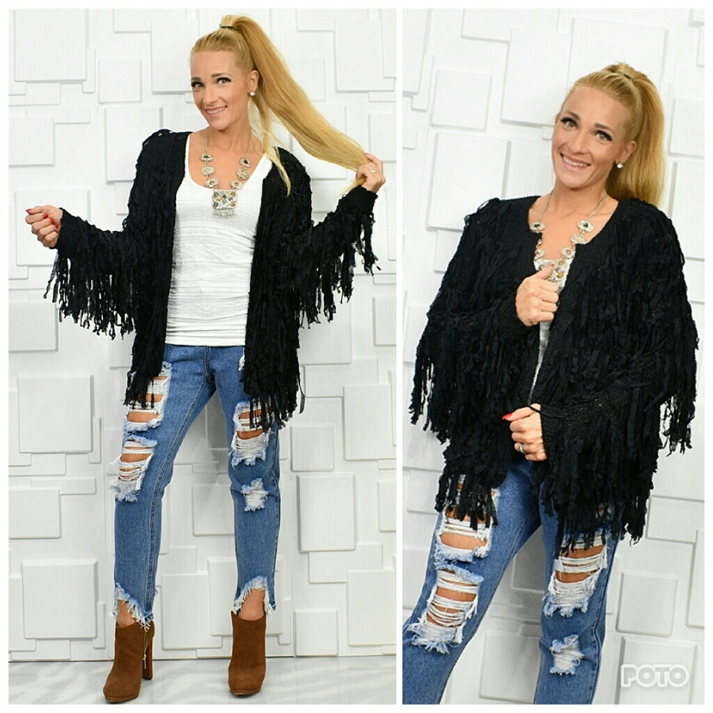 SWEATER CARDIGAN BLACK FRINGED CARDIGAN - Picture 2 of 4
