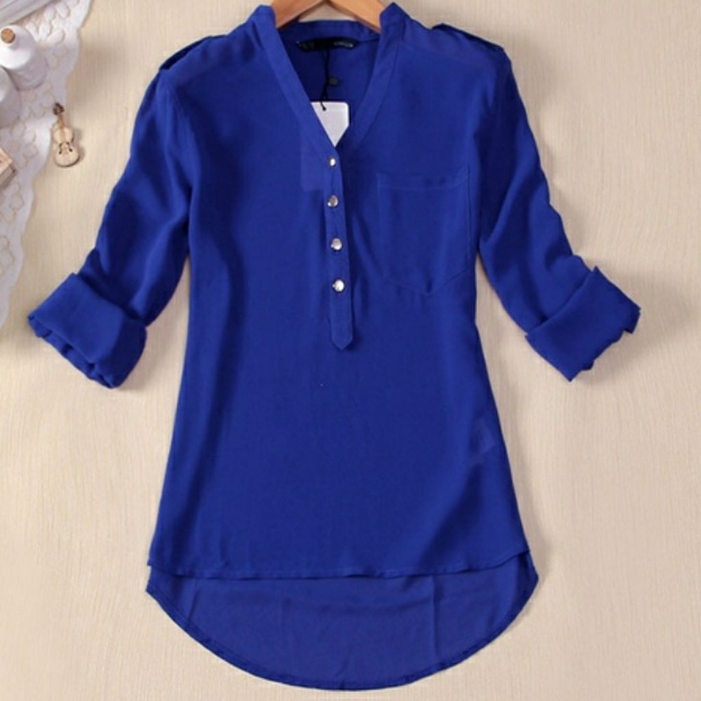 Blue Chiffon High Low Quarter Sleeve Blouse Top