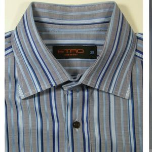 ETRO 39cm Rich Blue Gray Stripe Spread Collar Dres