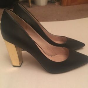 Black leather with gold block pump