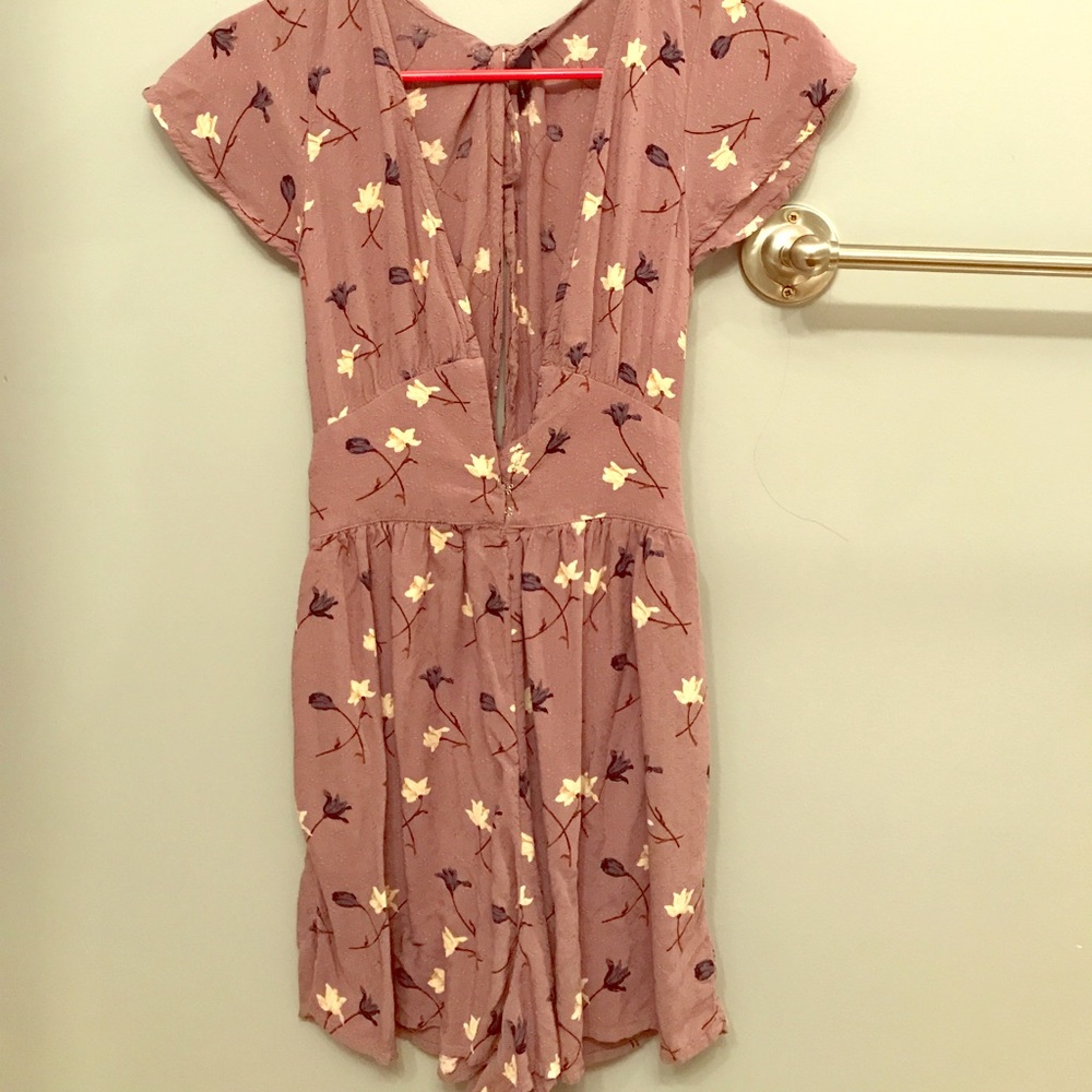 Lavender floral romper, flowy, v-neck, tie back