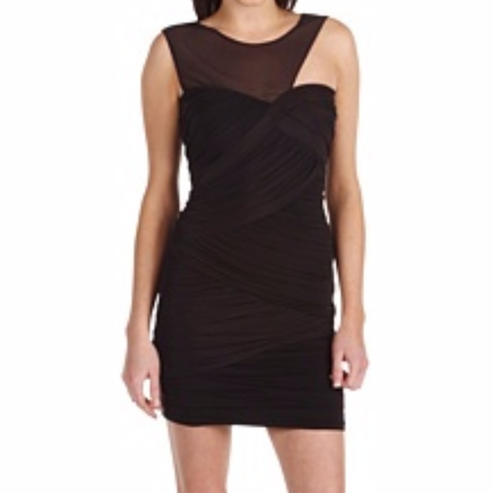 BCBG Black Ruched Mixed Media Dress