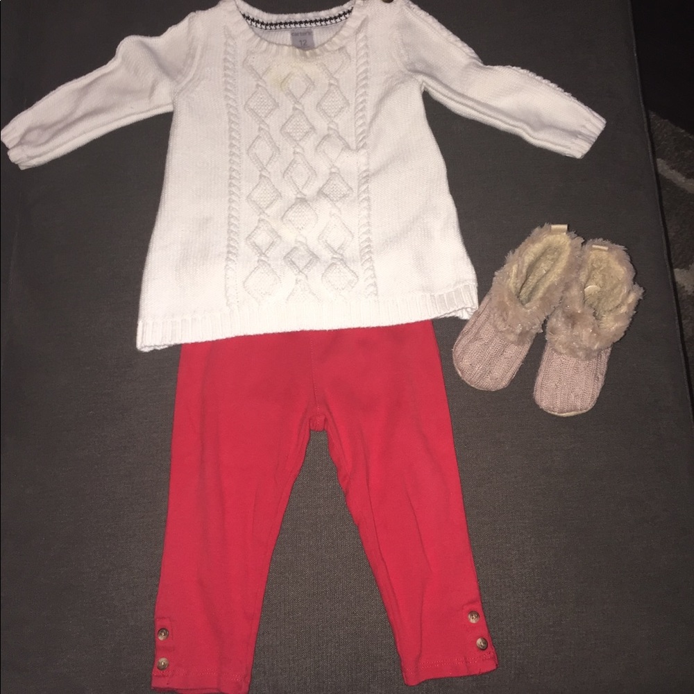 Carter's sweater w/red leggings & fur boot bundle