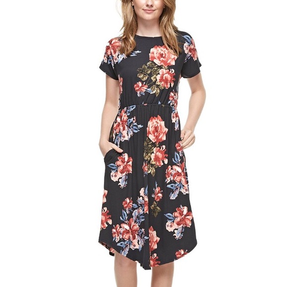 Reborn J Dresses - NEW Black Floral Midi Dress with Pockets Reborn J Dresses - NEW Black Floral Midi Dress with Pockets
