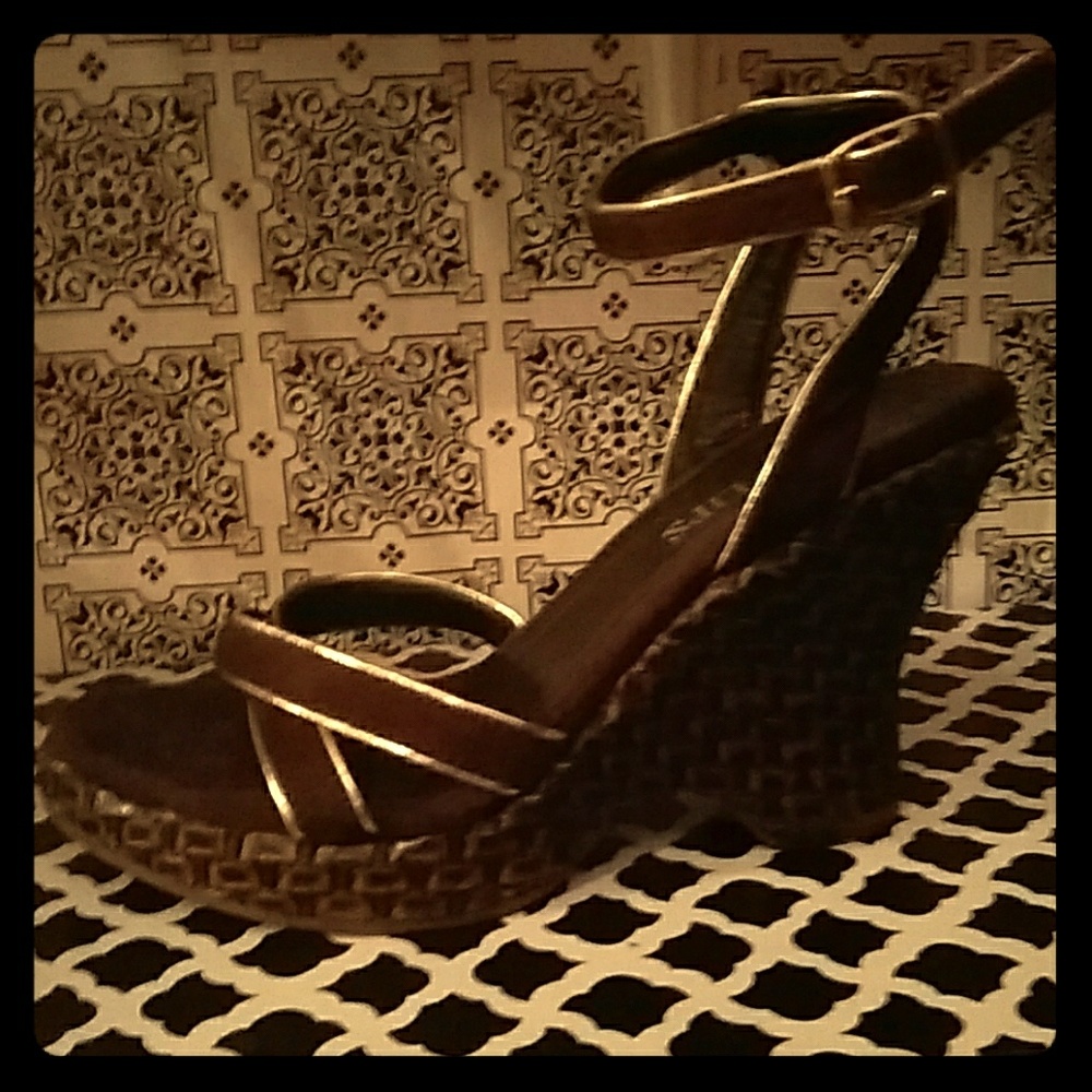 Brown with gold trim wedge sandles.