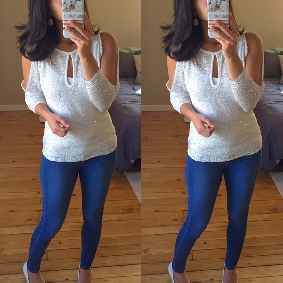 Boston Proper Tops - White Sequin Cold Shoulder Light Sweater Top