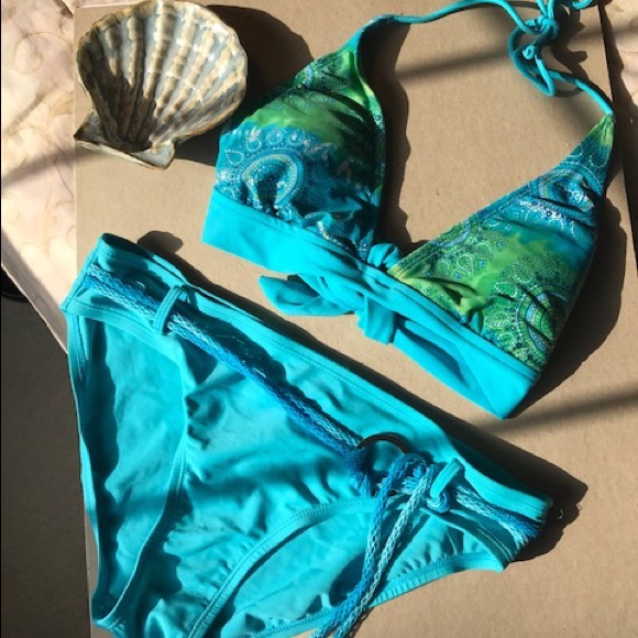 Boho bikini bottom Jr L 11/13 belt blue green aqua - Picture 8 of 15