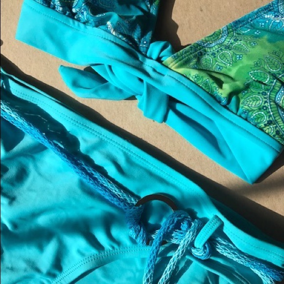 Boho bikini bottom Jr L 11/13 belt blue green aqua - Picture 11 of 15
