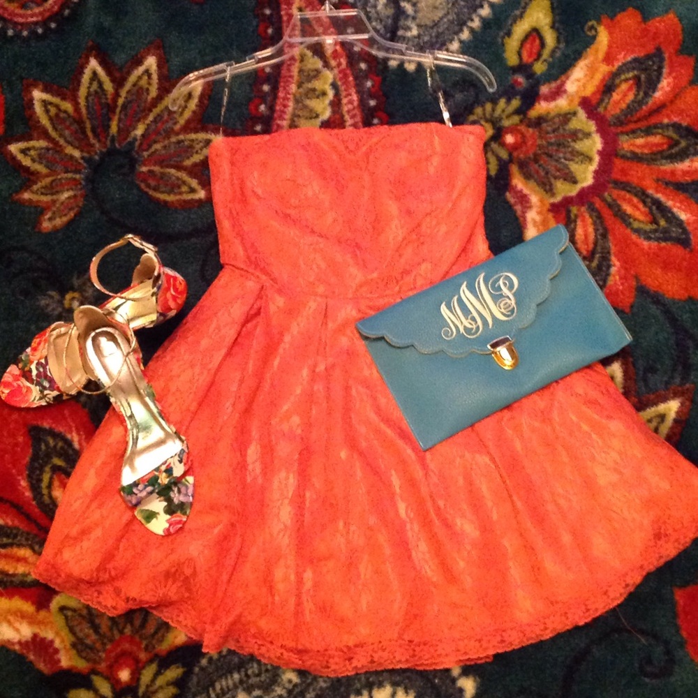Strapless Coral Lace Party Dress - Picture 1 of 4