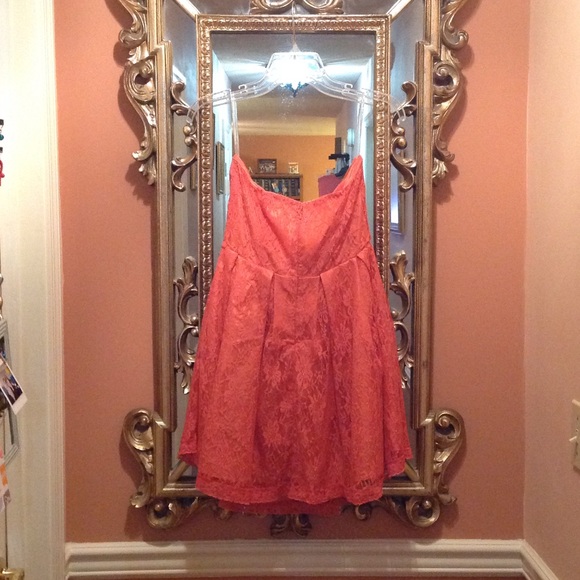 Strapless Coral Lace Party Dress - Picture 3 of 4