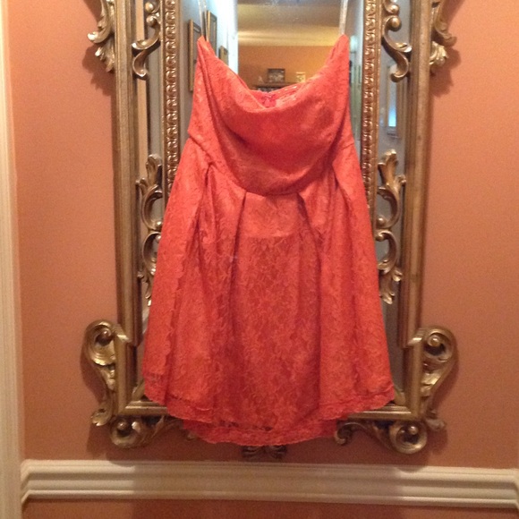 Strapless Coral Lace Party Dress - Picture 2 of 4