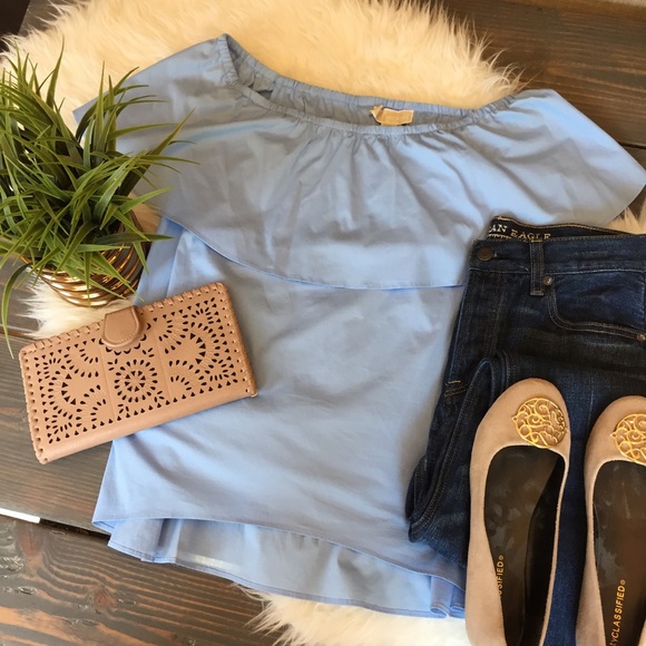 Michael Kors Tops - Michael Kors Blue Off Shoulder Ruffle Top