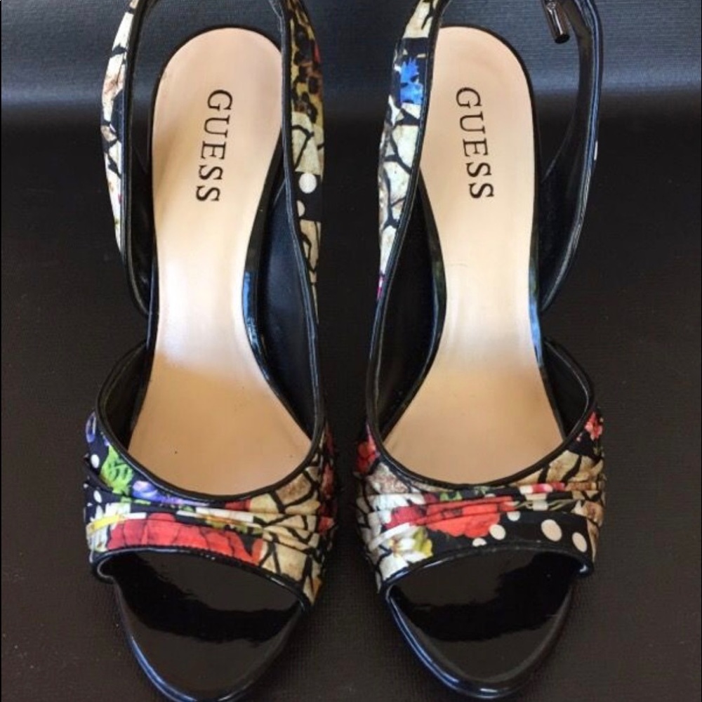 Guess open toe sling back floral print heels