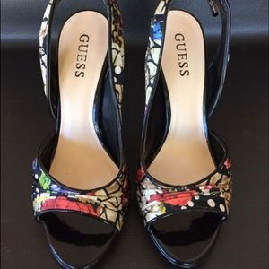 Guess open toe sling back floral print heels