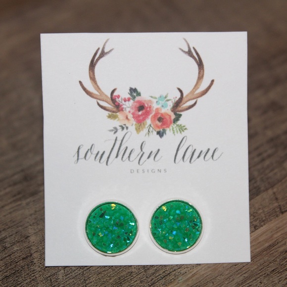 Green Druzy Stud Earrings - Picture 1 of 3